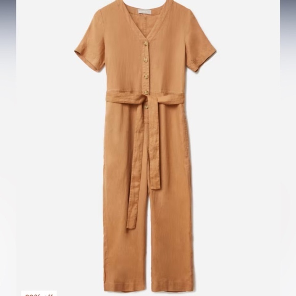 EVERLANE Linen Short-Sleeve Jumpsuit in Tawny Brown